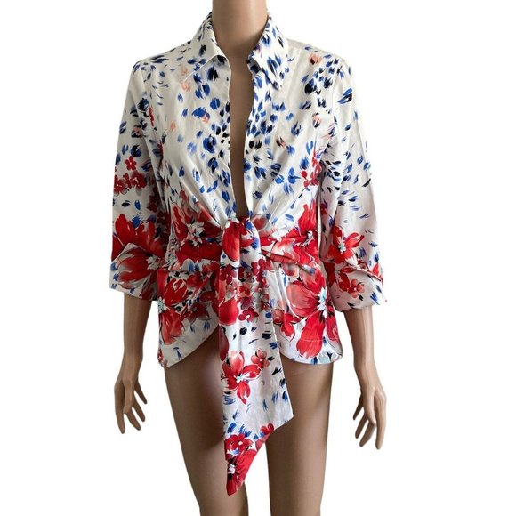 Floral Tie-Front Blouse - Red and Blue - Picture 9 of 10